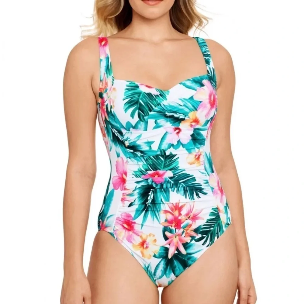 Swim Solutions TROPICAL PUNCH Hibiscus Tummy-Control One-Piece Swimsuit 14 NEW - Picture 1 of 4